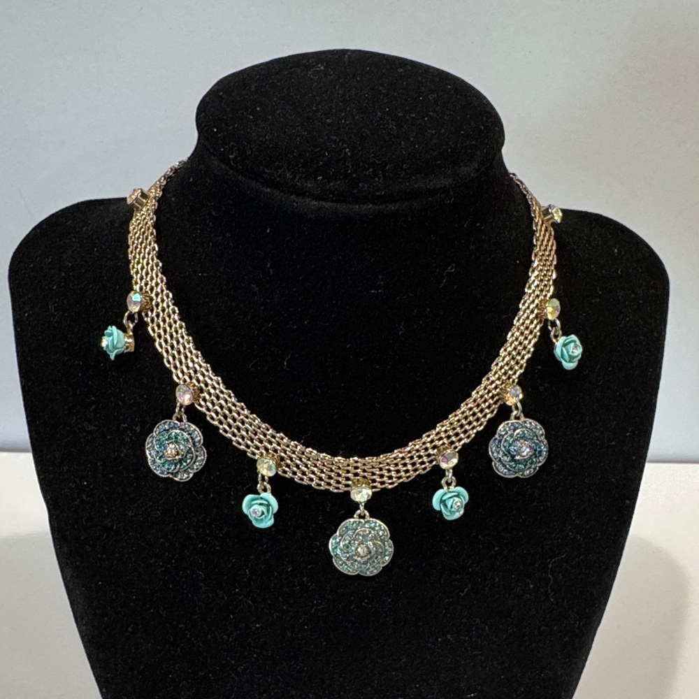 Betsey Johnson Vintage Gold Mesh Teal Skull and Roses Necklace or Choker. NWOT